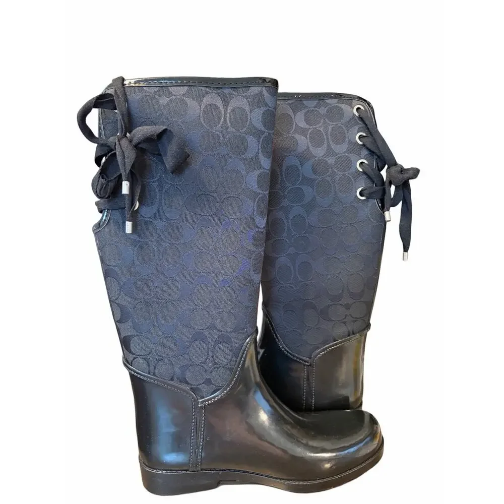 Coach Tristee Black Signature Rubber Rain Boots Back Lace Up size 10 Lined